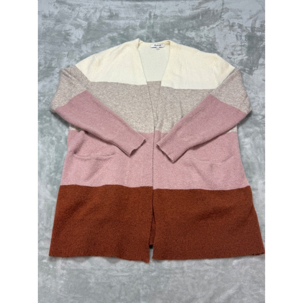 Madewell Cardigan Sweater M Color Block Open Front Knit Pink Brown Beige - Picture 1 of 8